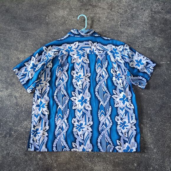 Vintage Tiki Palm Hawaiian Shirt Mens L Blue Rayon Hibiscus 90s Summer Vacation - Picture 3 of 7
